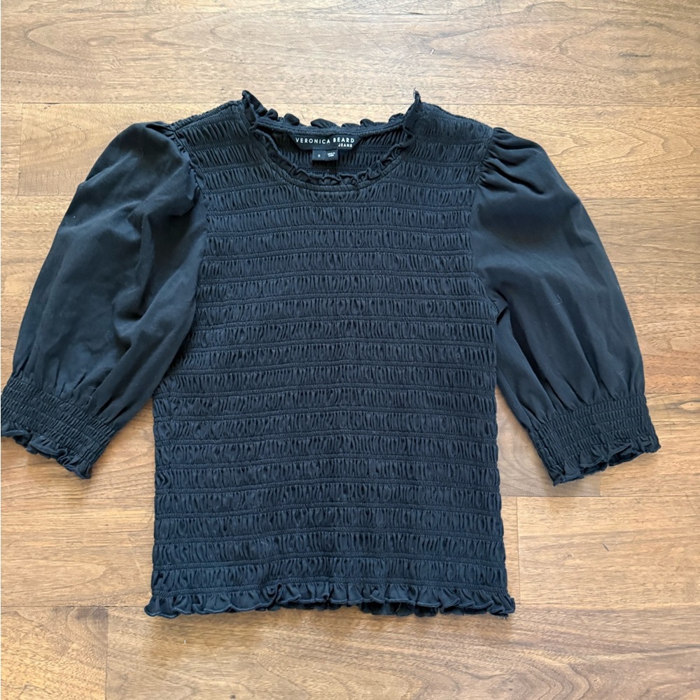 Veronica Beard Black Smocked Blouse